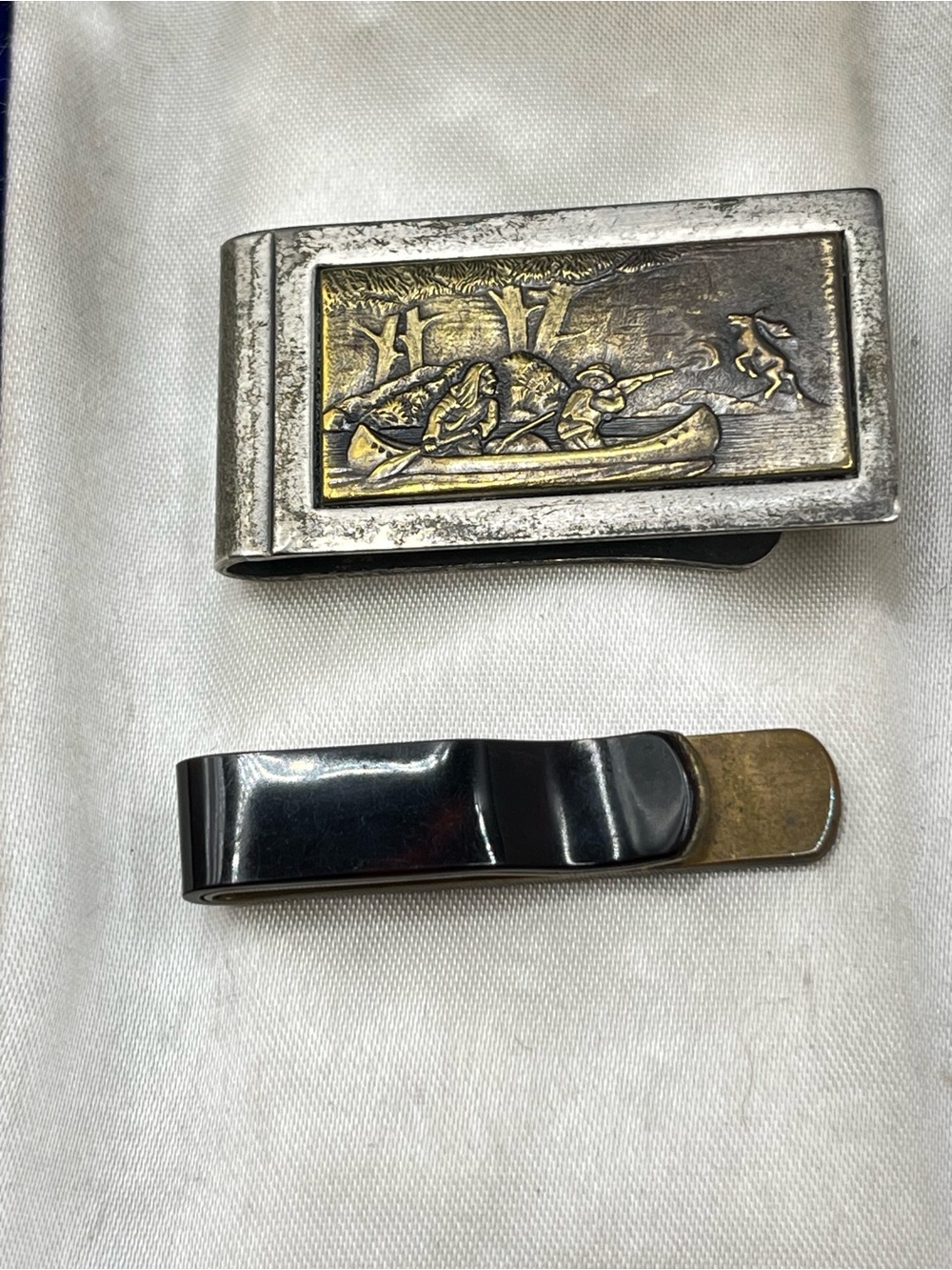 Vintage Two-Tone Canoe Scene Money Clip & Tortoise Shell Clip - Gold & Silver